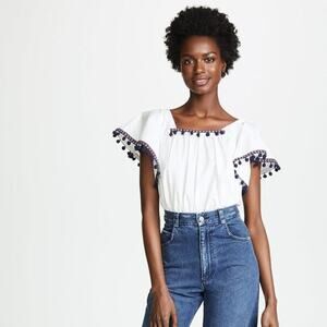 BB Dakota Flutter Sleeve White Cotton Makari Top with Dark Navy Pom Poms Size M